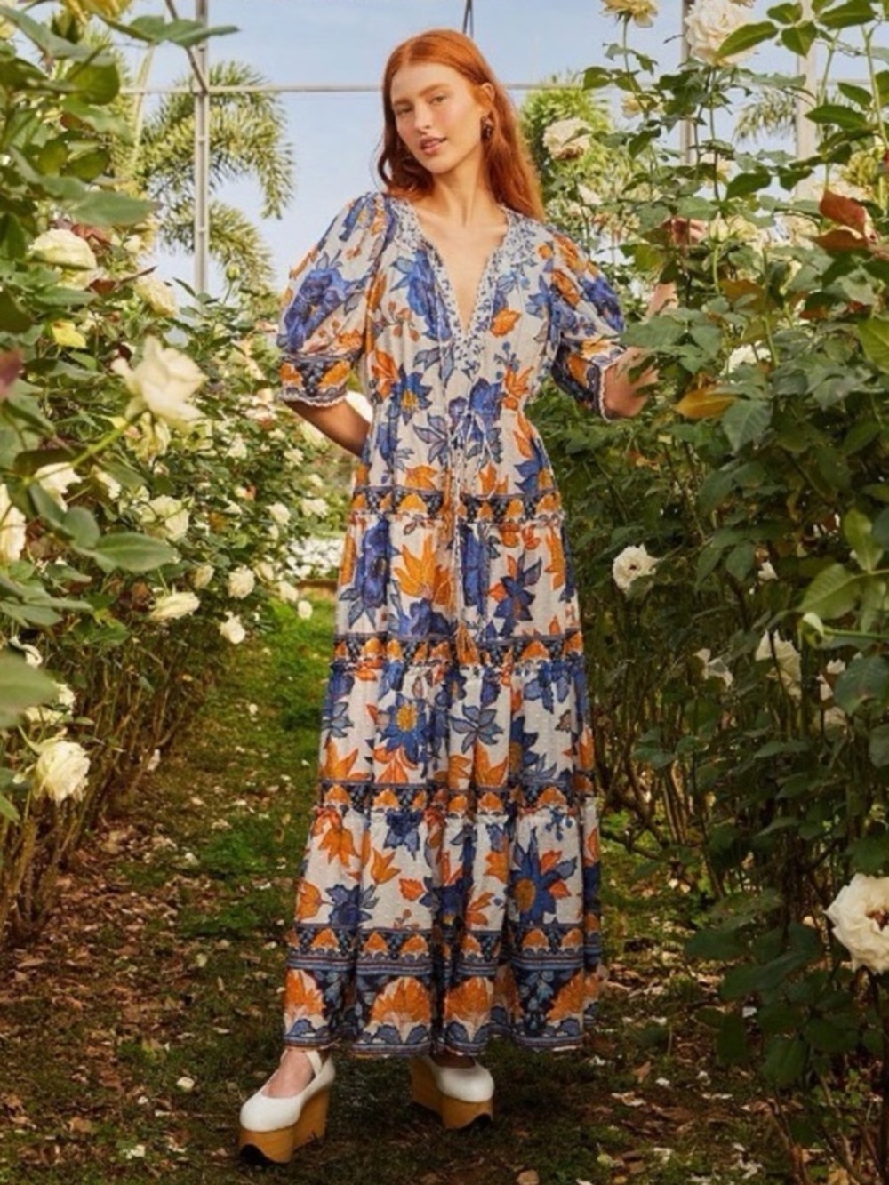 FARM Rio Off-White Floral Swiss Dot Beaded Tassels Maxi Dress Size Medium